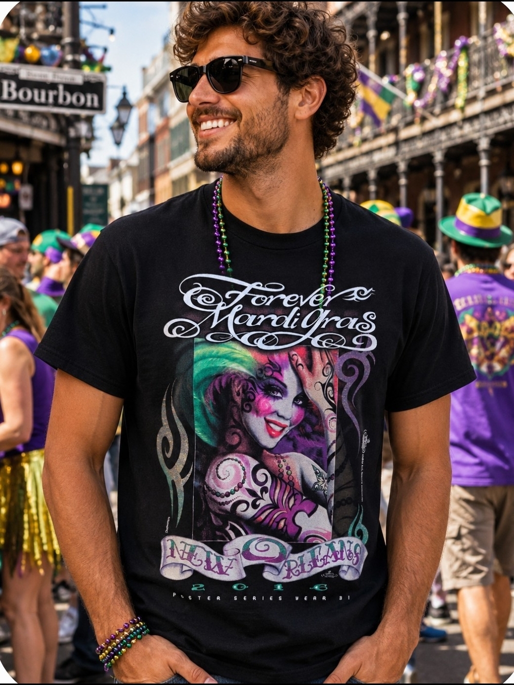 2016 Forever Mardi Gras New Orleans Poster Series Graphic T-Shirt | Large Unisex